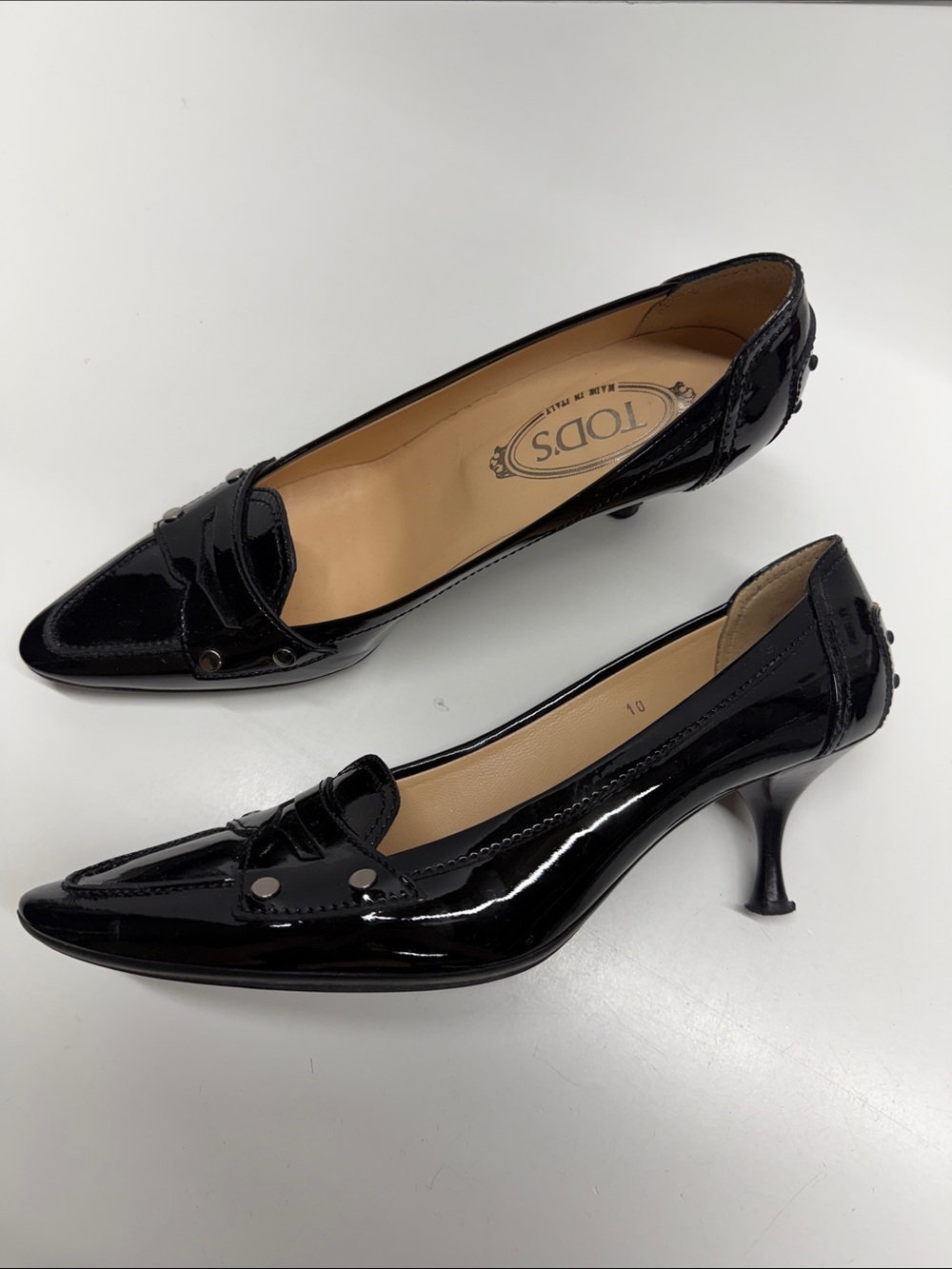 Tods Kitten Heels Pumps Loafers Shoes Patent Leather Pointed Toe Black Size 10